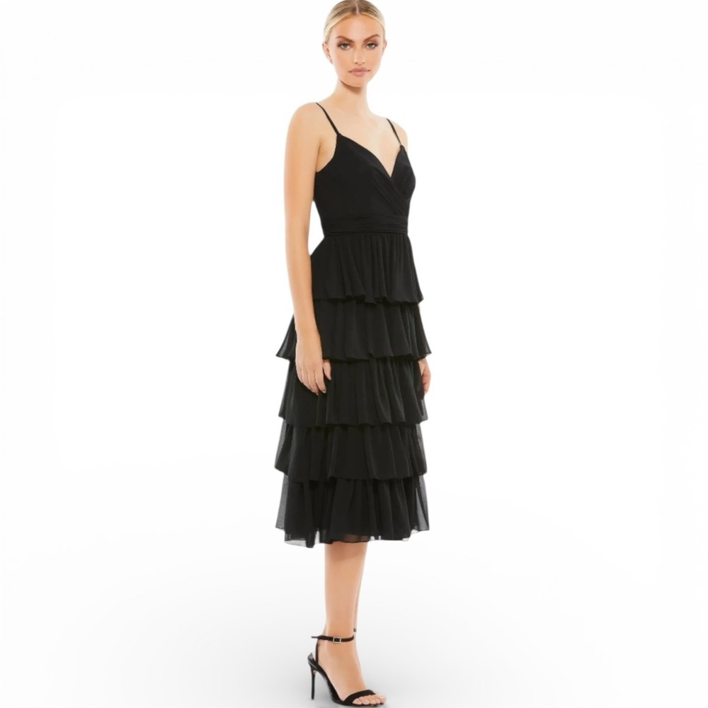 Mac Duggal Black Tiered Ruffle‎ Midi Dress Size 10 Tea Length